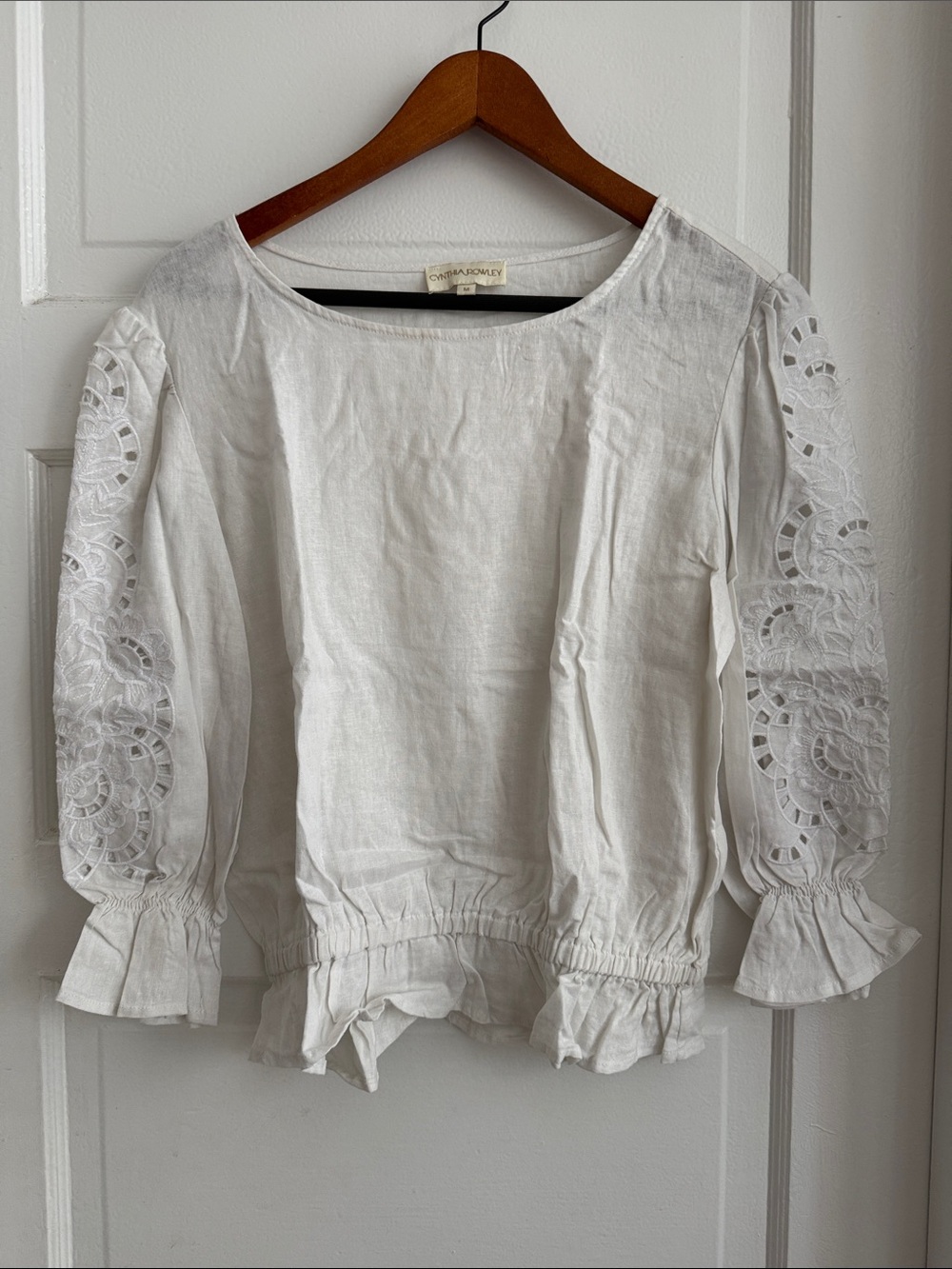 Cynthia Rowley White Linen Eyelet-Sleeve Blouse